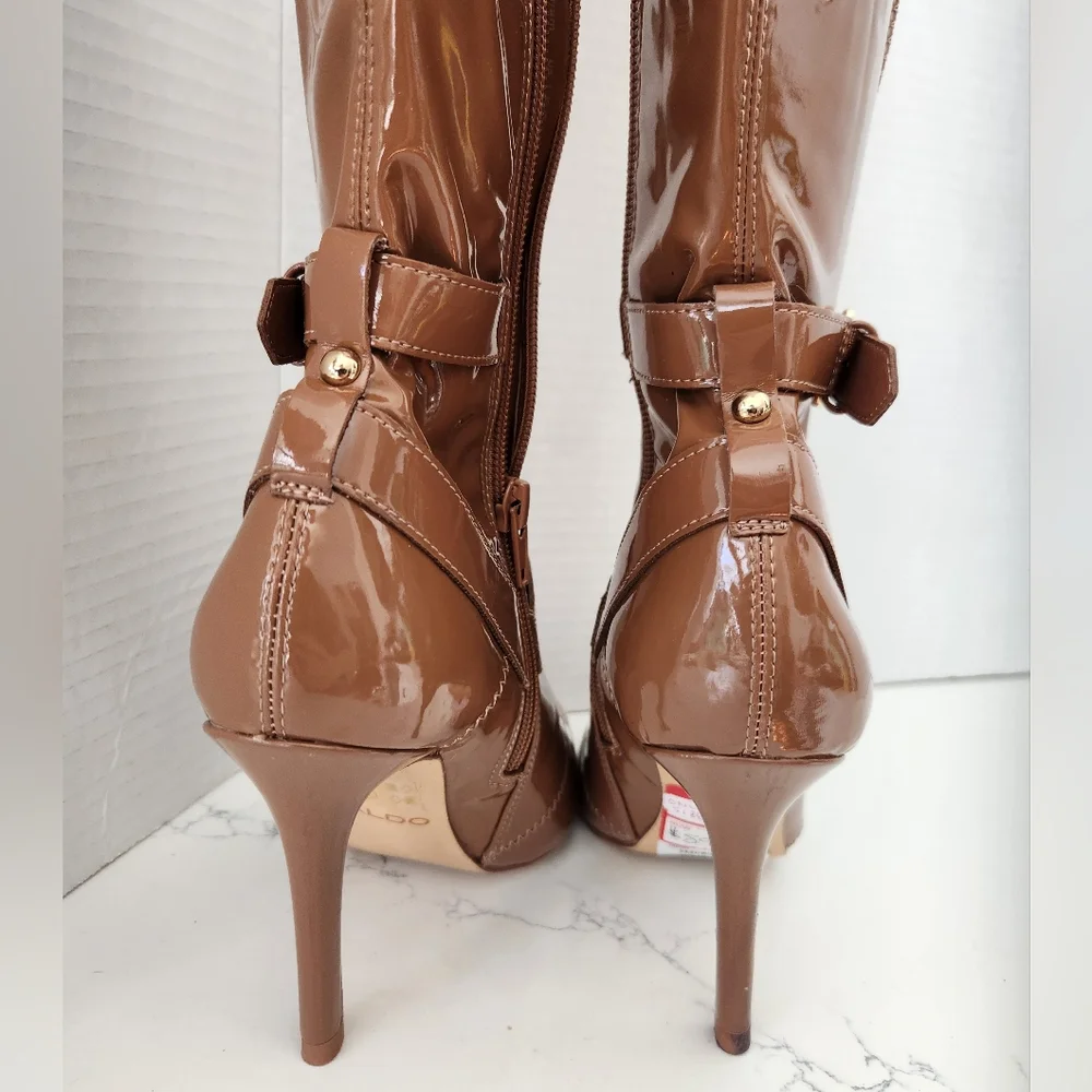 Aldo Women's Thigh High Patent Leather Stilleto Heels Boots Tan Size 5